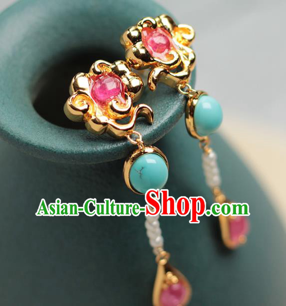 Chinese Traditional Cheongsam Golden Cloud Ear Accessories National Pearls Jewelry Handmade Tourmaline Earrings