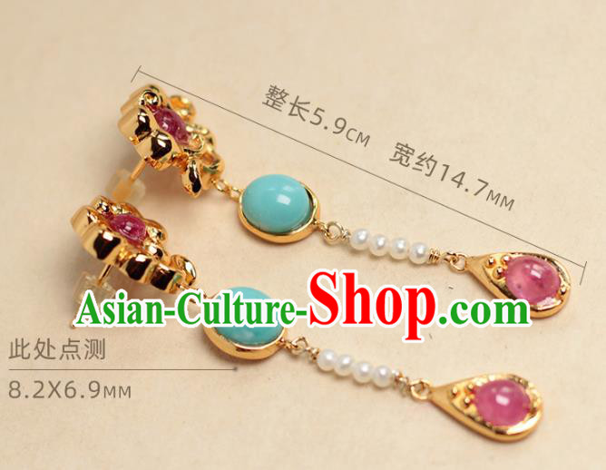 Chinese Traditional Cheongsam Golden Cloud Ear Accessories National Pearls Jewelry Handmade Tourmaline Earrings