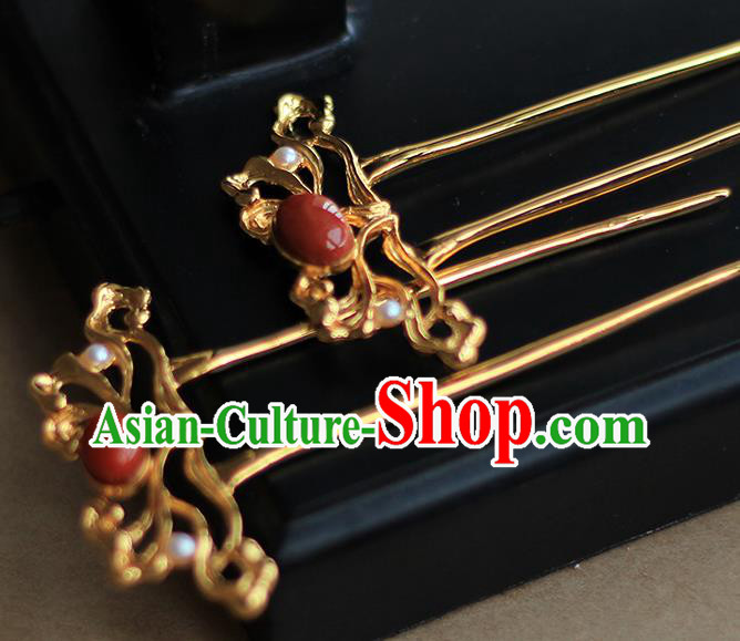 China Handmade Agate Pearls Hairpin Traditional Tang Dynasty Hair Accessories Ancient Empress Golden Hair Stick