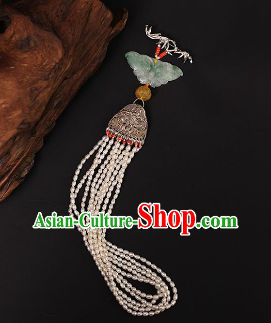 Chinese Traditional Cheongsam Pearls Tassel Pendant Ancient Qing Dynasty Court Woman Jade Butterfly Brooch Accessories