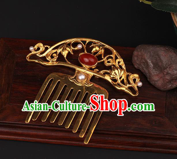 China Handmade Agate Hairpin Traditional Tang Dynasty Hair Accessories Ancient Empress Golden Hair Comb