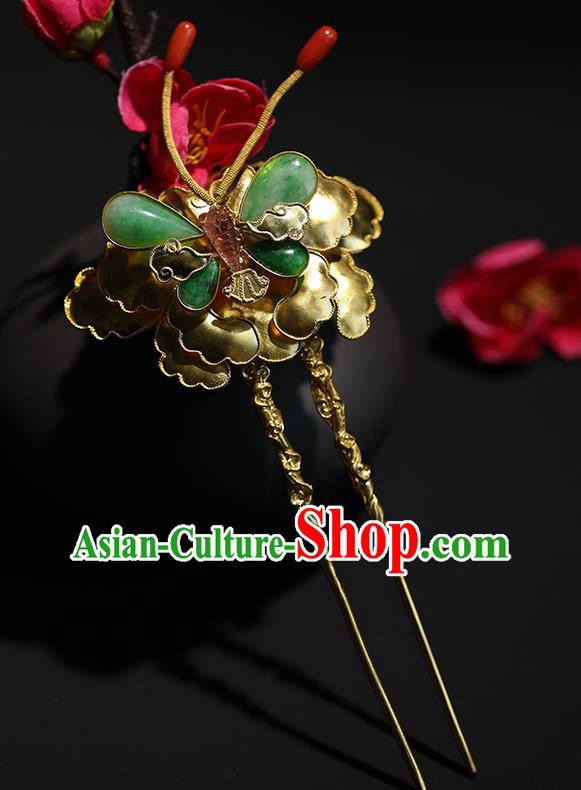 China Handmade Jade Butterfly Hairpin Traditional Qing Dynasty Court Headpiece Ancient Empress Golden Peony Hair Stick