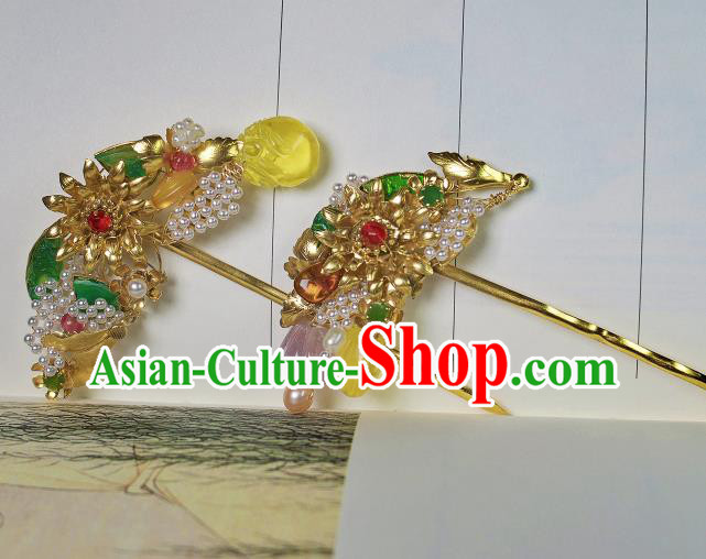 China Handmade Hanfu Gems Hairpin Traditional Ming Dynasty Hair Accessories Ancient Empress Golden Hair Stick