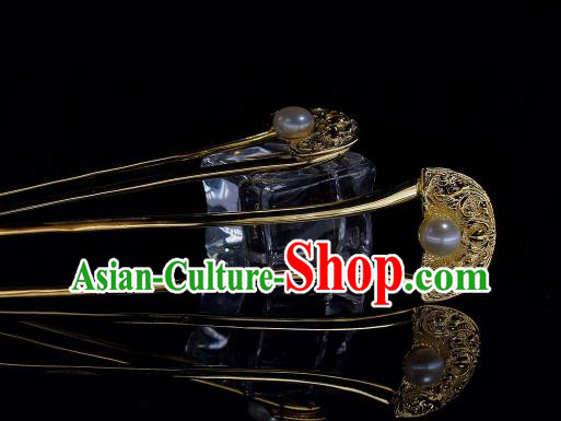 China Handmade Tang Dynasty Pearl Hairpin Traditional Hanfu Hair Accessories Ancient Princess Golden Hair Stick