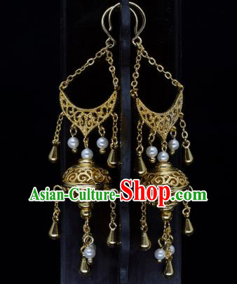 Chinese Traditional Tang Dynasty Ear Accessories National Jewelry Handmade Ancient Imperial Concubine Golden Lantern Earrings