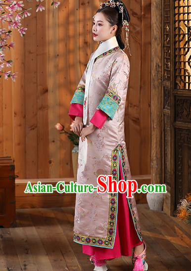 China Ancient Imperial Concubine Pink Dress Clothing Traditional Qing Dynasty Court Garment Costumes and Hair Accessories