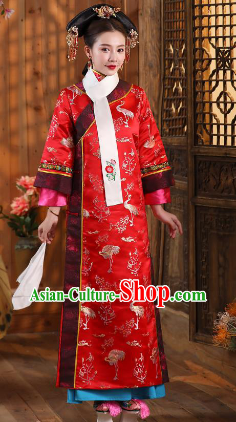 China Traditional Qing Dynasty Queen Garment Costumes Ancient Empress Red Dress Clothing and Headwear