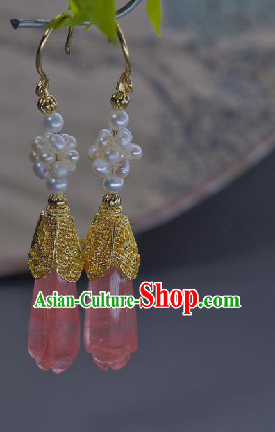 Chinese Traditional Cheongsam Ear Accessories National Pink Crystal Jewelry Handmade Ancient Imperial Concubine Earrings