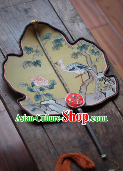 Chinese Traditional Palace Fan Ancient Qing Dynasty Imperial Concubine Fans Handmade Kesi Phoenix Peony Painting Pattern Yellow Silk Fan