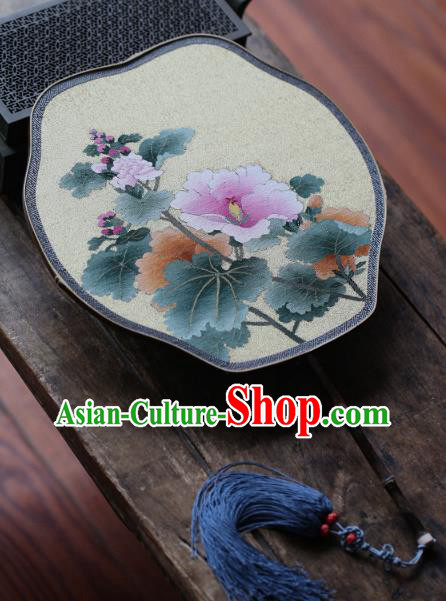 Chinese Ancient Song Dynasty Princess Hanfu Fans Handmade Kesi Hollyhock Painting Beige Silk Fan Traditional Palace Fan