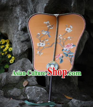 Chinese Handmade Kesi Plum Blossom Painting Yellow Silk Fan Traditional Palace Fan Ancient Ming Dynasty Hanfu Fans