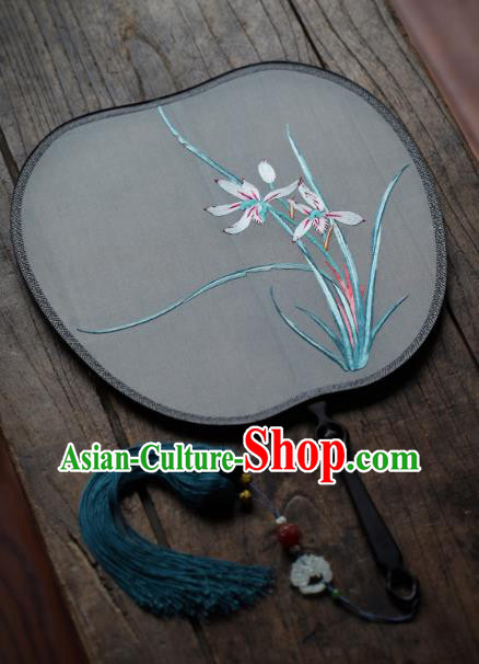 China Traditional Song Dynasty Hanfu Fan Handmade Embroidered Orchids Silk Fan Classical Palace Fan