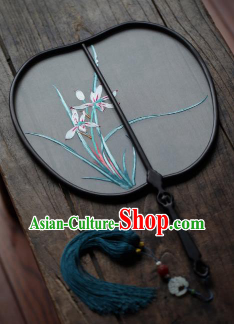 China Traditional Song Dynasty Hanfu Fan Handmade Embroidered Orchids Silk Fan Classical Palace Fan
