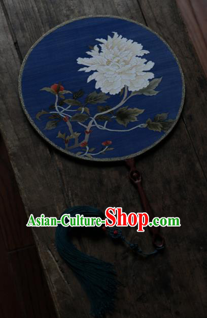 Chinese Traditional Palace Fan Ancient Hanfu Fans Handmade Kesi Peony Painting Blue Silk Circular Fan