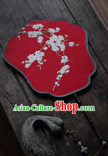 China Classical Red Silk Palace Fan Traditional Hanfu Fan Handmade Embroidered Apricot Blossom Fan