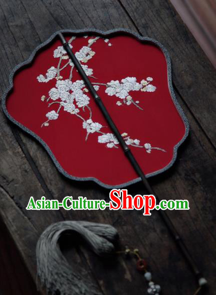 China Classical Red Silk Palace Fan Traditional Hanfu Fan Handmade Embroidered Apricot Blossom Fan