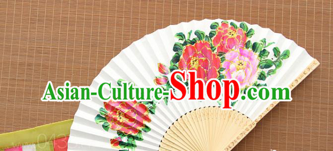 Handmade Chinese Bamboo Folding Fan Traditional Painting Peony Fan
