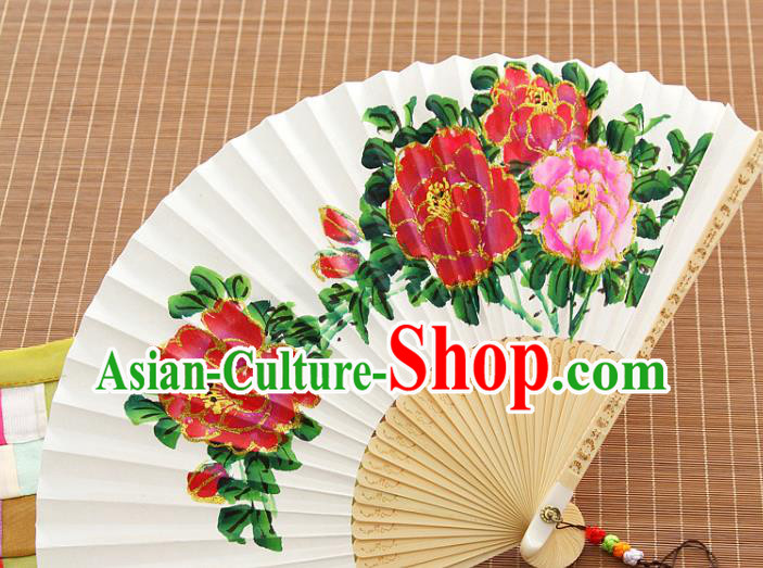 Handmade Chinese Bamboo Folding Fan Traditional Painting Peony Fan