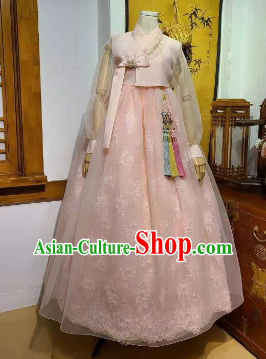 Asian Korea Traditional Fashion Wedding Hanbok Clothing Korean Bride Pink Blouse and Dress Garments
