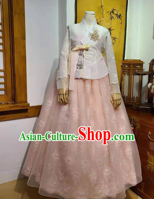 Korean Bride White Blouse and Pink Dress Garments Asian Korea Traditional Fashion Wedding Hanbok Clothing