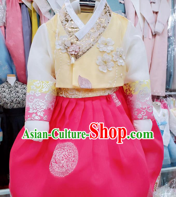 Korean Traditional Children Garments Fashion Stage Hanbok Clothing Asian Korea Girl Yellow Blouse and Rosy Dress