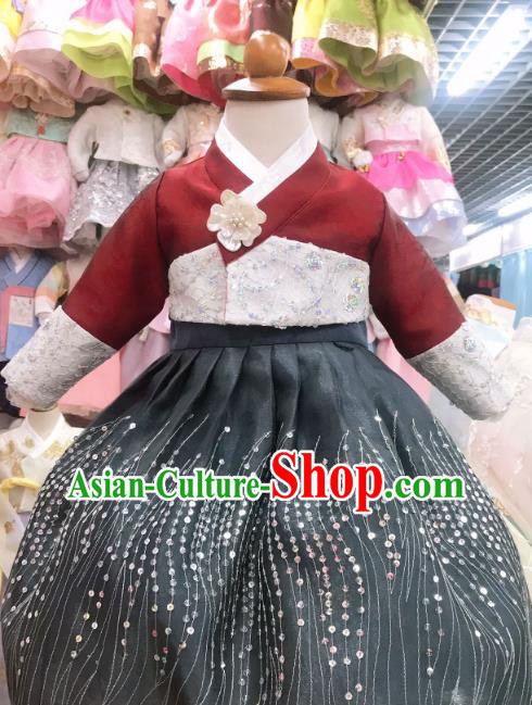 Asian Traditional Festival Garments Fashion Korean Hanbok Clothing Korea Children Wine Red Blouse and Black Dress