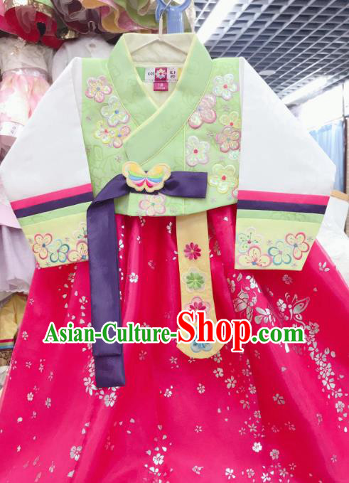 Asian Korea Girl Performance Green Blouse and Rosy Dress Traditional Korean Fashion Garments Court Hanbok Clothing