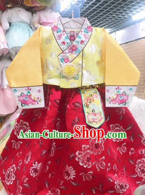 Asian Korean Children Princess Birthday Hanbok Clothing Girl Yellow Blouse and Red Dress Korea Traditional Garments Fashion