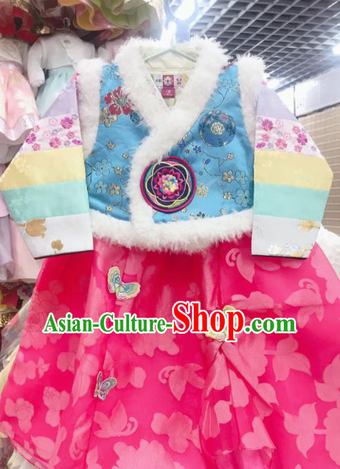 Korea Children Blue Vest Blouse and Rosy Dress Traditional New Year Garments Fashion Asian Korean Hanbok Clothing