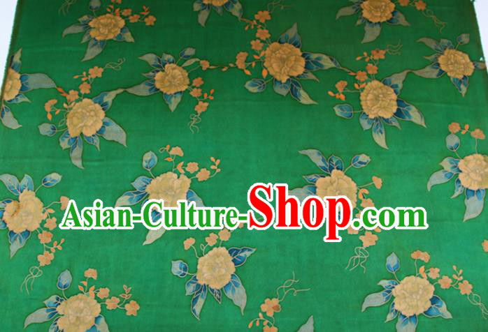 China Green Gambiered Guangdong Gauze Traditional Cheongsam Silk Fabric Classical Peony Pattern Cloth Drapery