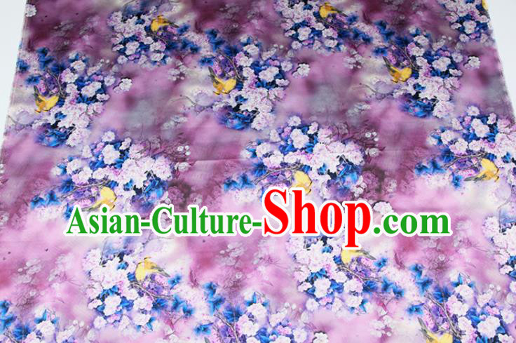 China Traditional Cheongsam Silk Fabric Classical Printing Pear Flowers Cloth Lilac Satin Drapery