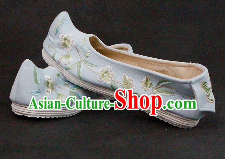 Chinese Ancient Princess Hanfu Shoes Traditional Ming Dynasty Blue Cloth Shoes Embroidered Shoes
