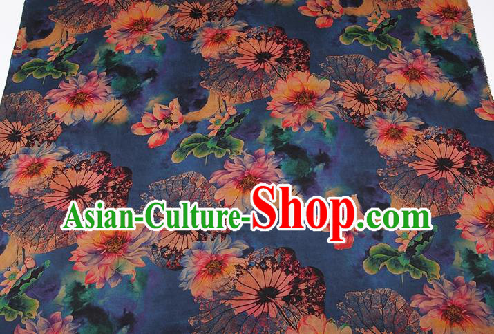 China Traditional Printing Flowers Blue Satin Drapery Silk Fabric Classical Cheongsam Gambiered Guangdong Gauze