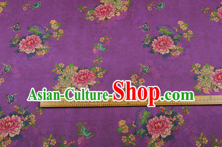 China Silk Fabric Classical Cheongsam Gambiered Guangdong Gauze Traditional Peony Pattern Purple Brocade Drapery