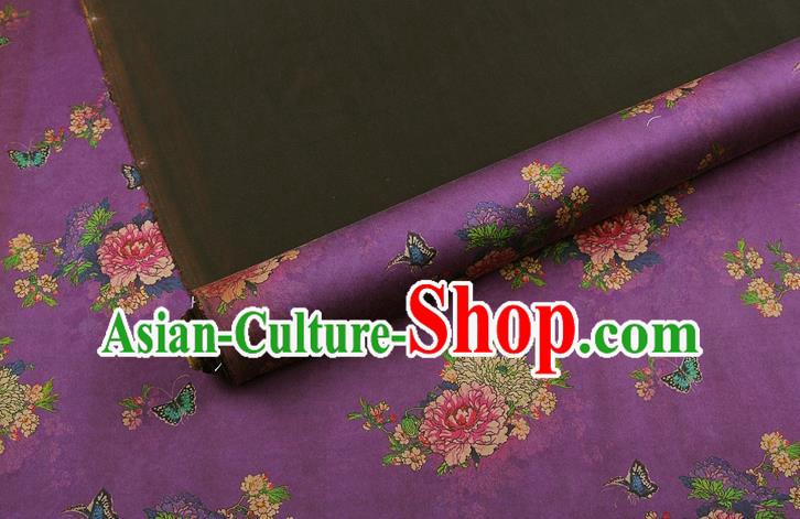 China Silk Fabric Classical Cheongsam Gambiered Guangdong Gauze Traditional Peony Pattern Purple Brocade Drapery