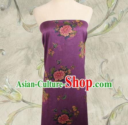 China Silk Fabric Classical Cheongsam Gambiered Guangdong Gauze Traditional Peony Pattern Purple Brocade Drapery