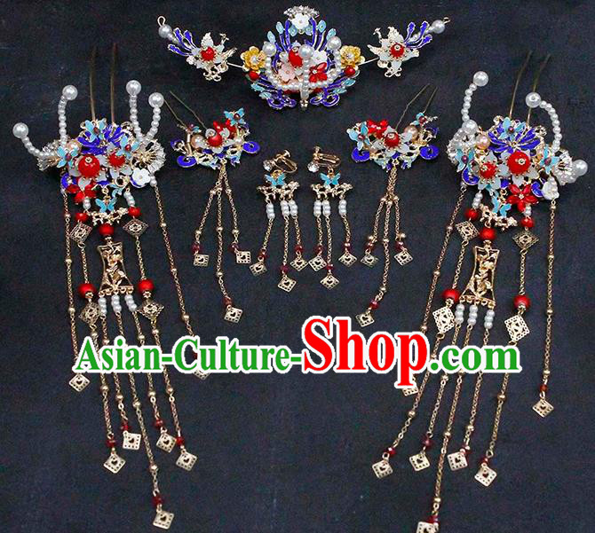 China Traditional Wedding Bride Headwear Ancient Bride Blueing Hair Comb and Tassel Hairpins