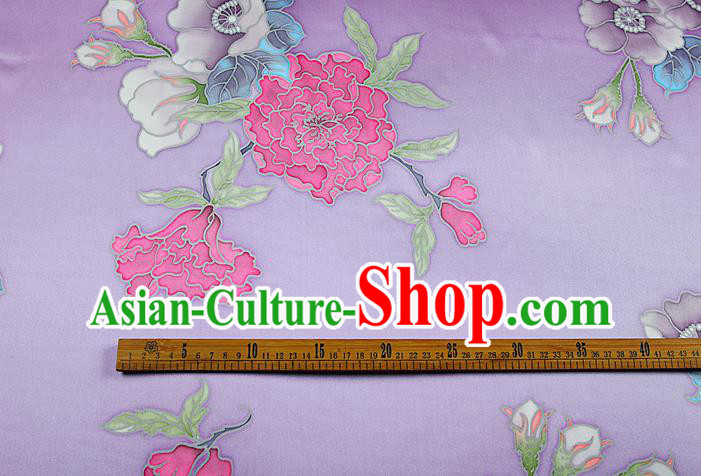 China Traditional Peony Pattern Lilac Brocade Printing Silk Fabric Classical Cheongsam Satin Drapery