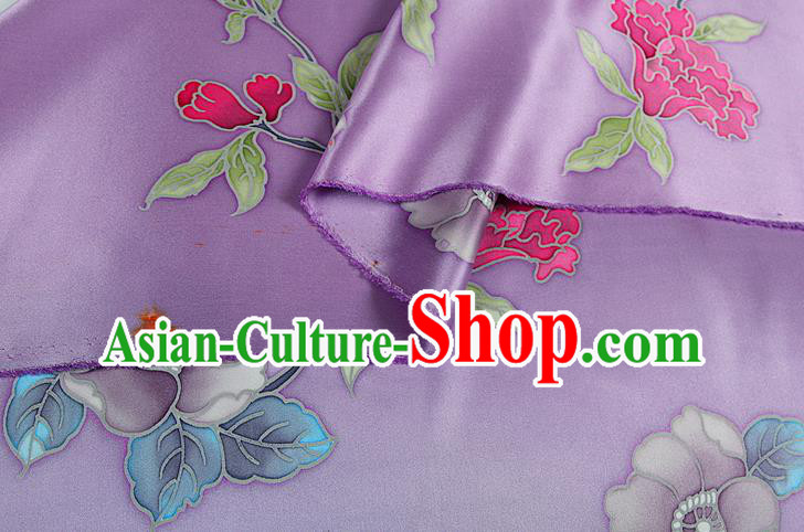 China Traditional Peony Pattern Lilac Brocade Printing Silk Fabric Classical Cheongsam Satin Drapery