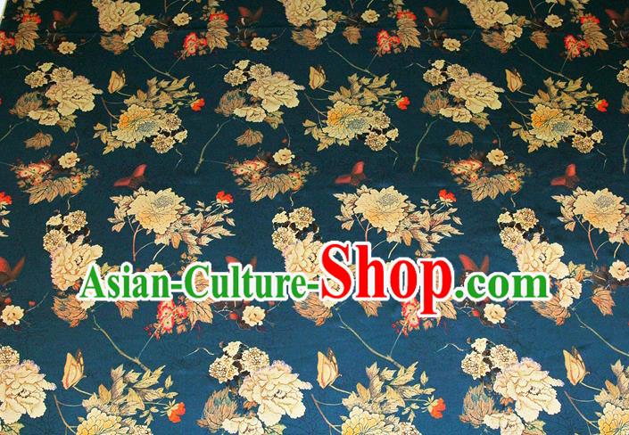 China Traditional Brocade Silk Fabric Classical Cheongsam Printing Peony Peacock Blue Satin Drapery