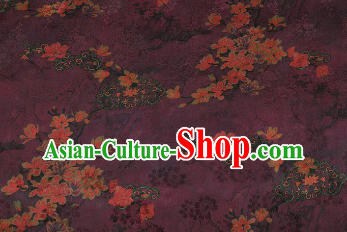 China Classical Purple Brocade Traditional Mangnolia Pattern Gambiered Guangdong Gauze Silk Fabric