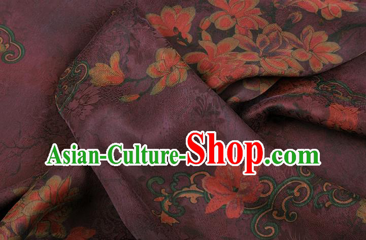 China Classical Purple Brocade Traditional Mangnolia Pattern Gambiered Guangdong Gauze Silk Fabric