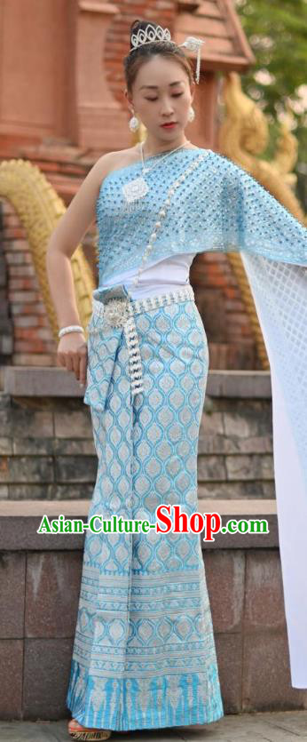 China Dai Nationality Minority Stage Performance Clothing Asian Yunnan Ethnic Folk Dance Blue Dress