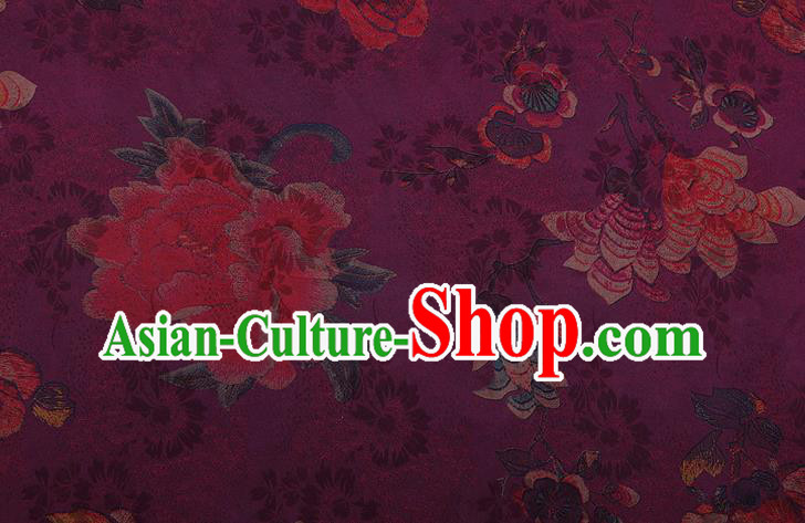 China Purple Gambiered Guangdong Gauze Traditional Silk Fabric Classical Cheongsam Peony Pattern Brocade