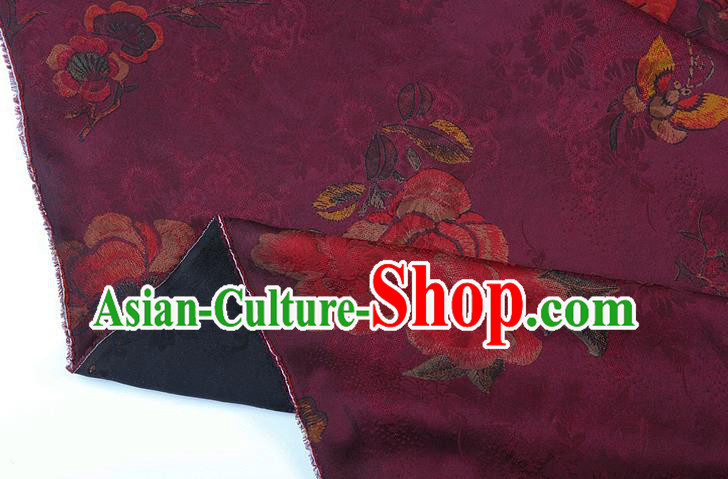 China Purple Gambiered Guangdong Gauze Traditional Silk Fabric Classical Cheongsam Peony Pattern Brocade