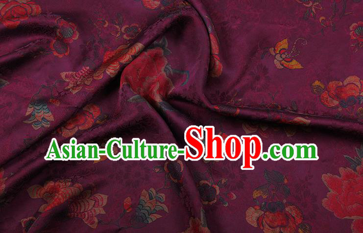 China Purple Gambiered Guangdong Gauze Traditional Silk Fabric Classical Cheongsam Peony Pattern Brocade