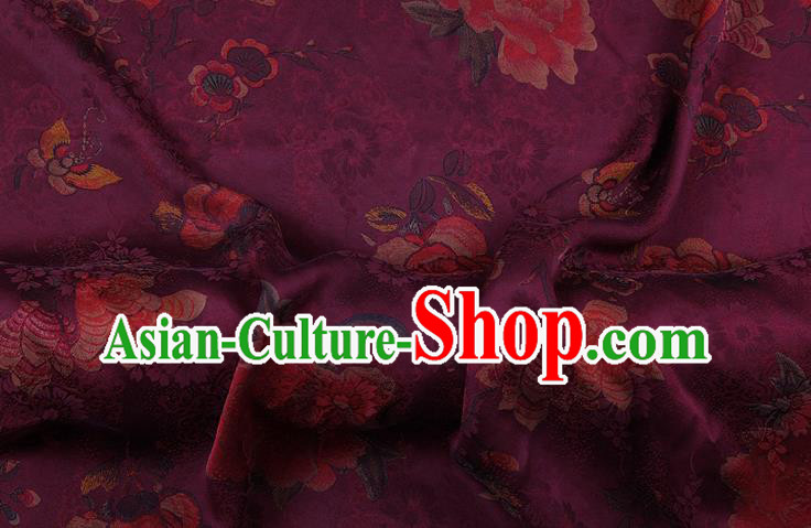 China Purple Gambiered Guangdong Gauze Traditional Silk Fabric Classical Cheongsam Peony Pattern Brocade