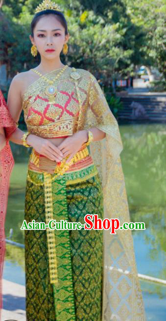 Traditional Thailand Court Green Dress Uniforms Asian Thai Female Stage Performance Clothing