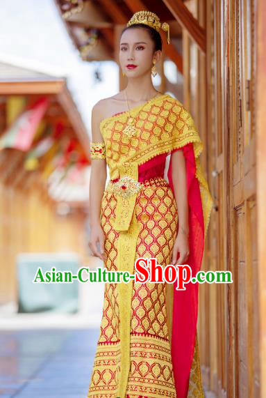 Traditional Thailand Court Rani Yellow Dress Uniforms Asian Thai Stage Performance Dance Clothing