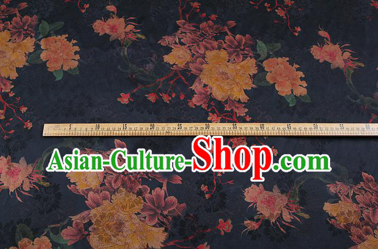 China Classical Cheongsam Peony Pattern Brocade Navy Gambiered Guangdong Gauze Traditional Silk Fabric